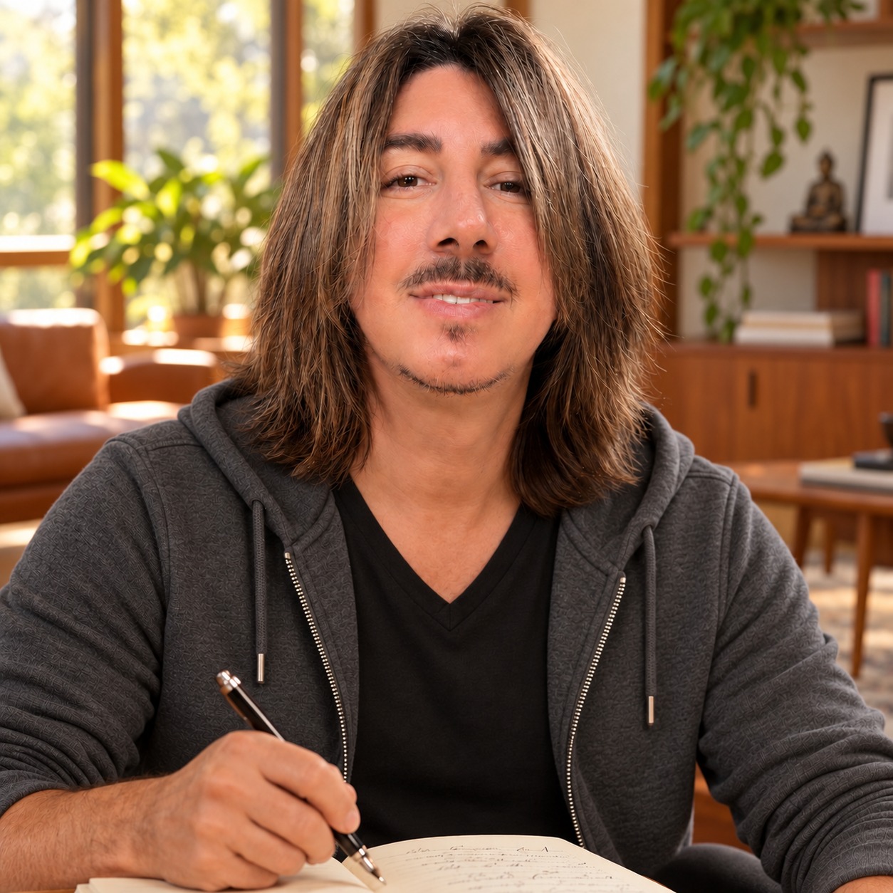 Leander Winters in a charcoal hoodie and V-neck, writing in a midcentury modern home with a small Buddha on a background shelf.