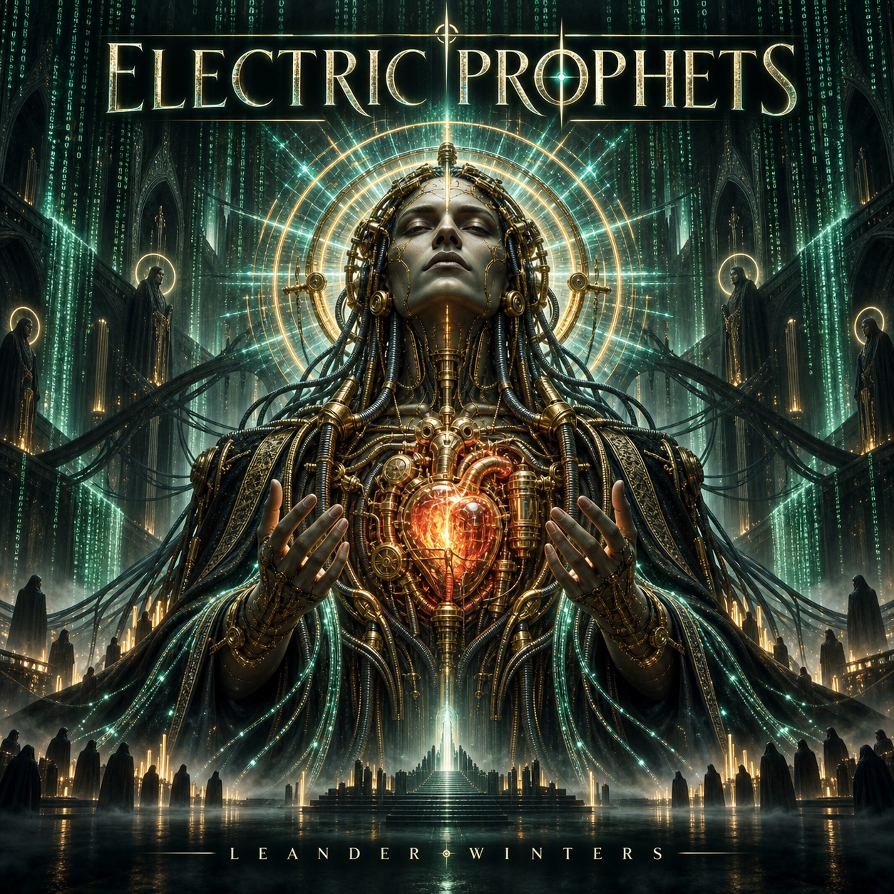 Electric Prophets album cover: a mechanical figure surrounded by emerald light and golden halos.