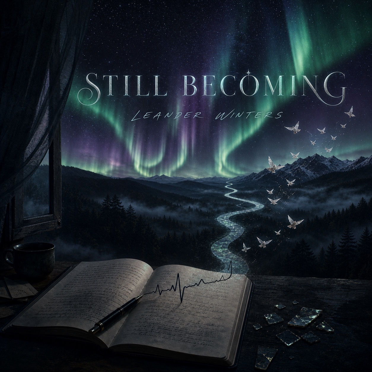 Still Becoming album cover: aurora above mountains, an open journal, and paper birds.